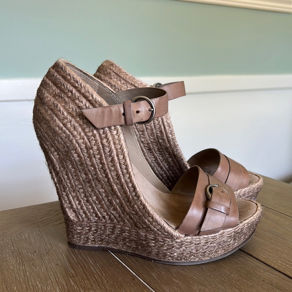 Allsaints Biela ankle strap leather espadrille wedge in taupe 38